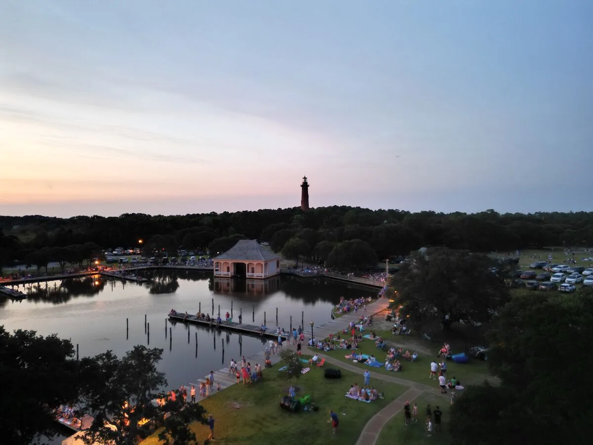Boathouse at twilight from above