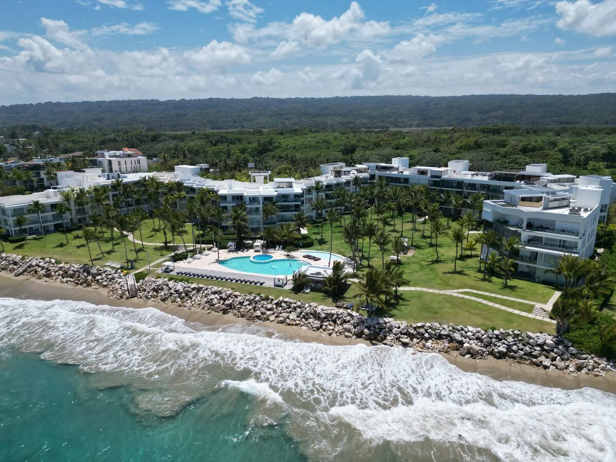 Aerial view of a beachfront estate